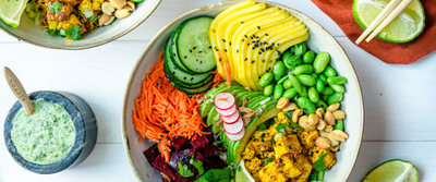 Poke Bowl – Curry and Sweet & Sour Marinated Tofu with Herb Sauce